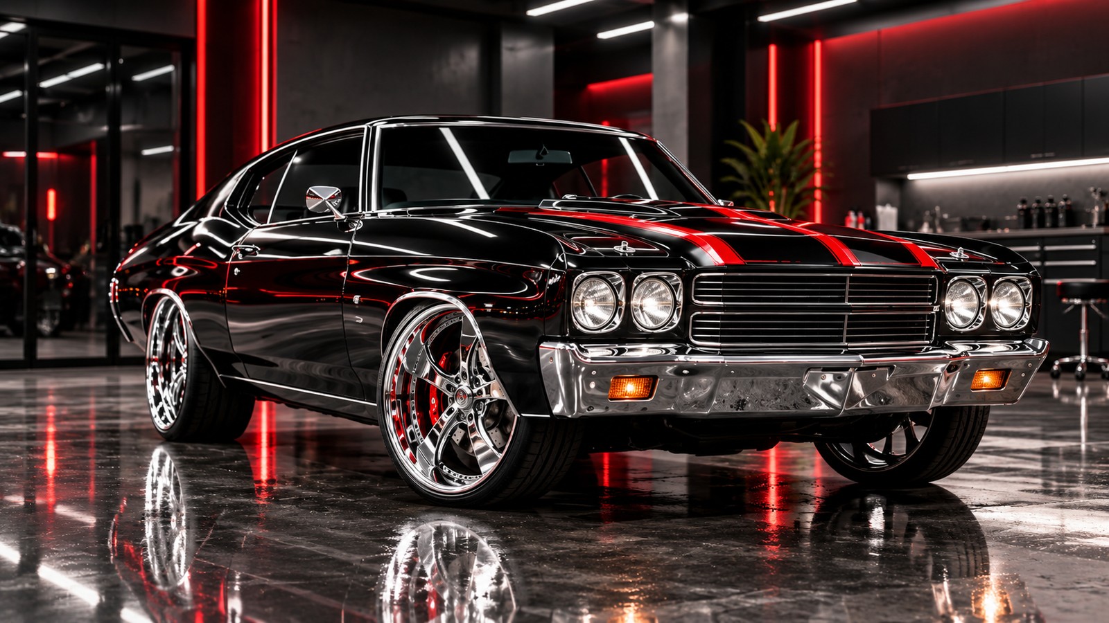 Finished black 1972 Chevy in a premium studio photoshoot environment